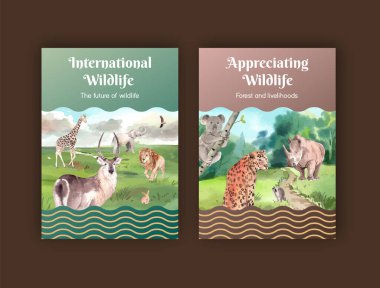 Üzerinde hayvan günü konsepti olan bir kartpostal şablonu, suluboya stil.