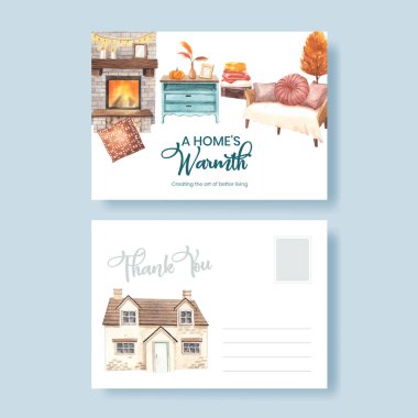 Kart şablonu sonbahar evi konsepti, suluboya styl
