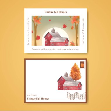 Kart şablonu sonbahar evi konsepti, suluboya styl