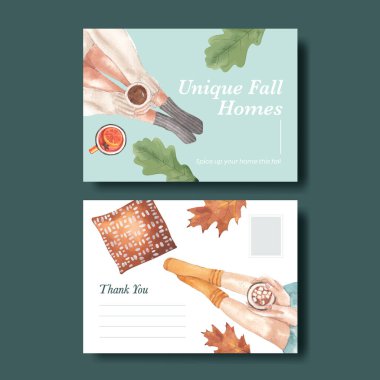 Kart şablonu sonbahar evi konsepti, suluboya styl