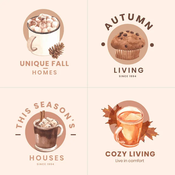 Logo Design Avec Maison Automne Concept Confortable Styl Aquarelle — Image vectorielle