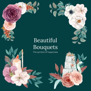 Çiçek tasarımı yeşil şarap düğün konsepti, suluboya stil