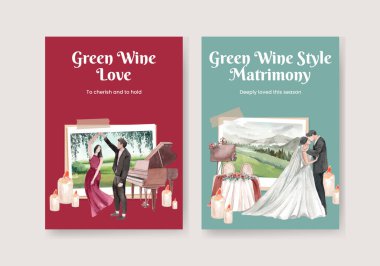 Yeşil şarap düğün konsepti, suluboya stil içeren bir kartpostal şablonu