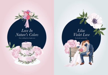 Leylak rengi desenli çelenk menekşe düğün konsepti, suluboya stil