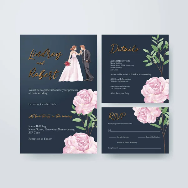 Hochzeitskarten Vorlage Mit Lila Hochzeitskonzept Aquarell Styling — Stockvektor