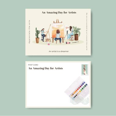 Uluslararası Sanatçılar Günü konsepti olan bir kartpostal şablonu, suluboya styl