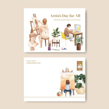 Uluslararası Sanatçılar Günü konsepti olan bir kartpostal şablonu, suluboya styl
