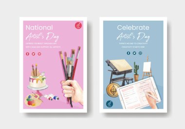 Uluslararası Sanatçılar Günü konsepti ile poster şablonu, suluboya styl