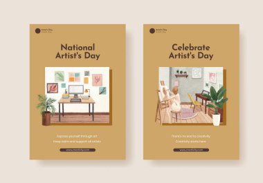 Uluslararası Sanatçılar Günü konsepti ile poster şablonu, suluboya styl