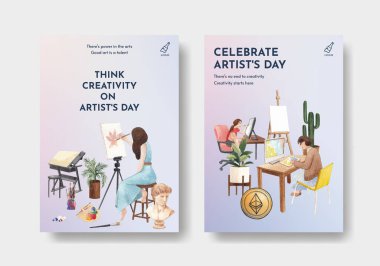 Uluslararası Sanatçılar Günü konsepti ile poster şablonu, suluboya styl