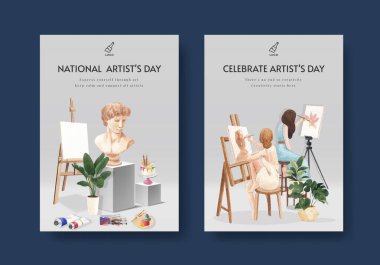 Uluslararası Sanatçılar Günü konsepti ile poster şablonu, suluboya styl