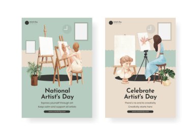 Uluslararası Sanatçılar Günü konsepti ile poster şablonu, suluboya styl