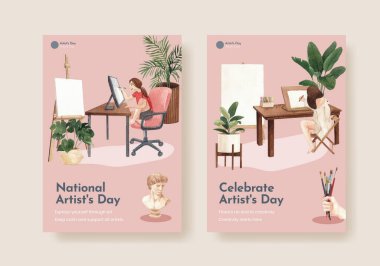 Uluslararası Sanatçılar Günü konsepti ile poster şablonu, suluboya styl