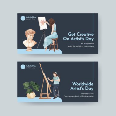 Uluslararası Sanatçılar Günü konsepti, suluboya styl ile Twitter şablonu