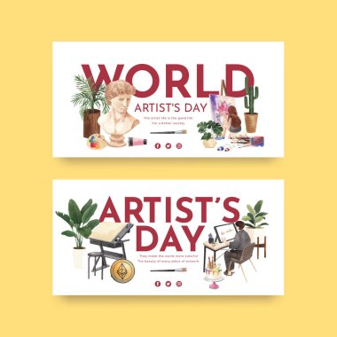 Uluslararası Sanatçılar Günü konsepti, suluboya styl ile Twitter şablonu