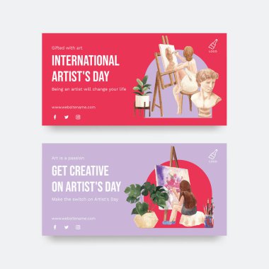 Uluslararası Sanatçılar Günü konsepti, suluboya styl ile Twitter şablonu