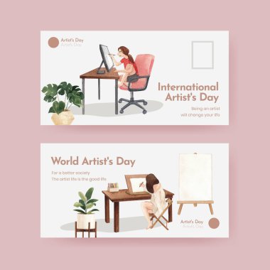 Uluslararası Sanatçılar Günü konsepti, suluboya styl ile Twitter şablonu