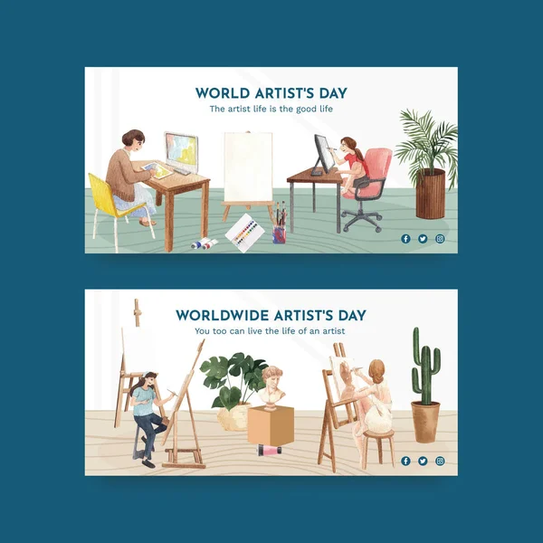 Uluslararası Sanatçılar Günü konsepti, suluboya styl ile Twitter şablonu
