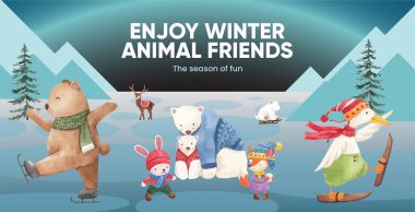 Hayvanlı billboard temposu Kış konsepti, suluboya stil