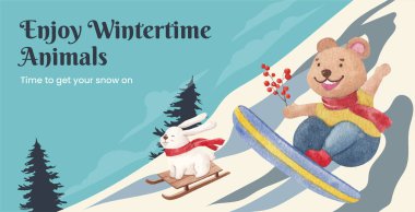 Hayvanlı billboard temposu Kış konsepti, suluboya stil