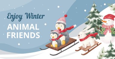 Hayvanlı billboard temposu Kış konsepti, suluboya stil