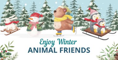 Hayvanlı billboard temposu Kış konsepti, suluboya stil