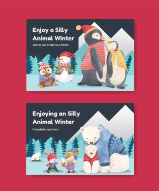 Hayvanlı Facebook temposu, kış konsepti, suluboya stili