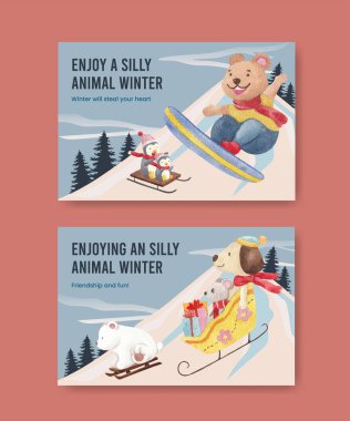 Hayvanlı Facebook temposu, kış konsepti, suluboya stili