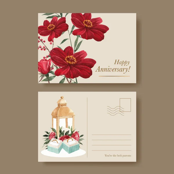 Postkartentempel Mit Hochzeitskonzept Rot Aquarell Styling — Stockvektor