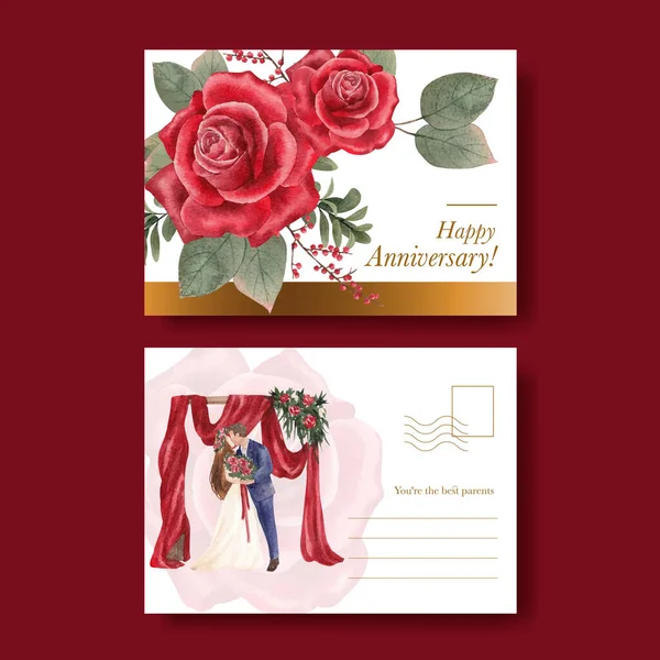 Postkartentempel Mit Hochzeitskonzept Rot Aquarell Styling — Stockvektor