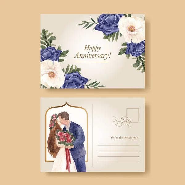 Tempalte Cartão Postal Com Conceito Casamento Vermelho Marinha Estanho Aquarela — Vetor de Stock