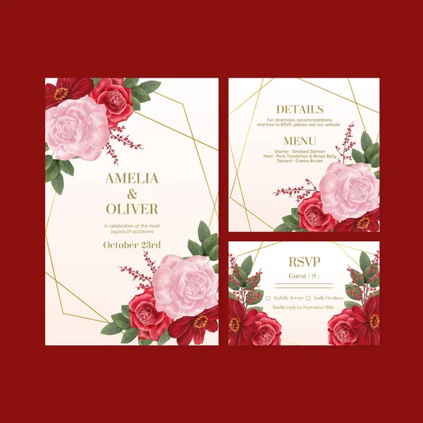 Cartão Casamento Tempalte Com Conceito Casamento Vermelho Marinha Styl Aquarela — Vetor de Stock