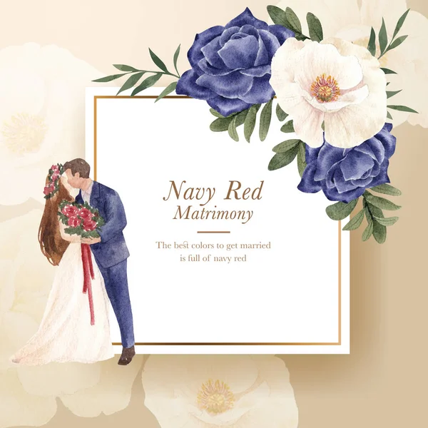 Kranz Mit Rotem Navy Hochzeitskonzept Aquarell Styling — Stockvektor