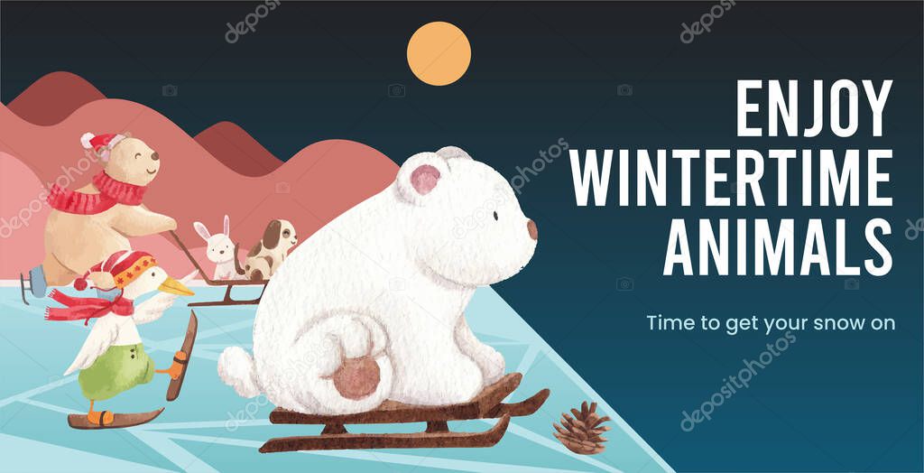 Billboard tempalte with animal enjoy winter concept,watercolor styl