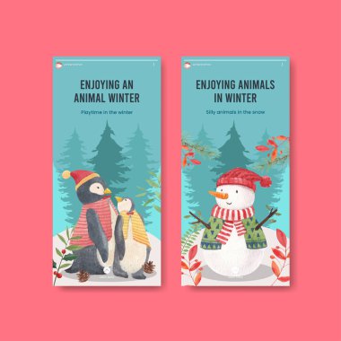 Hayvanlı Instagram temposu Kış konsepti, suluboya stil