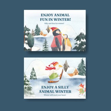 Hayvanlı Facebook temposu, kış konsepti, suluboya stili