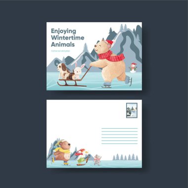 Hayvanlı kartpostal temposu Kış konseptinin tadını çıkar, suluboya stil
