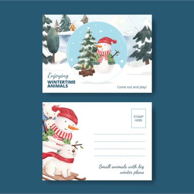 Hayvanlı kartpostal temposu Kış konseptinin tadını çıkar, suluboya stil