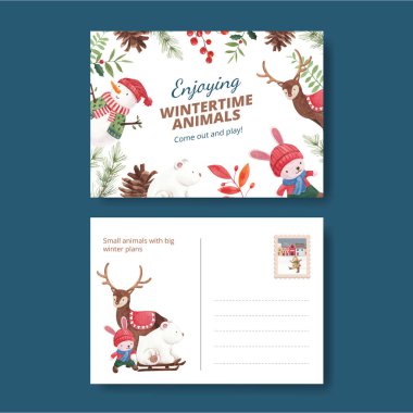 Hayvanlı kartpostal temposu Kış konseptinin tadını çıkar, suluboya stil