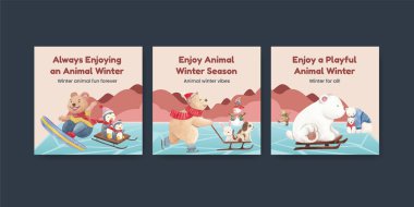 Hayvanlı banner tempalte Kış konsepti, suluboya stil