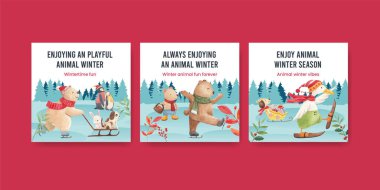 Hayvanlı banner tempalte Kış konsepti, suluboya stil