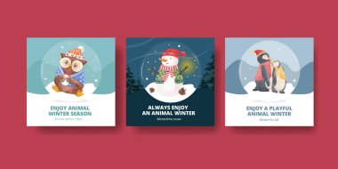 Hayvanlı banner tempalte Kış konsepti, suluboya stil