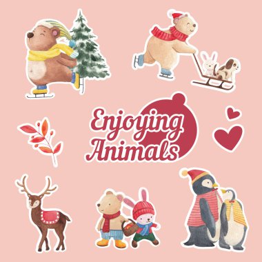 Hayvanlı çıkartma kış konseptinin tadını çıkar, suluboya stil