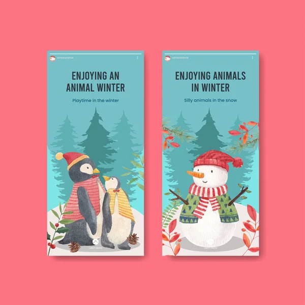 Hayvanlı Instagram temposu Kış konsepti, suluboya stil