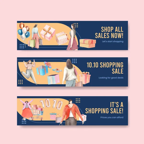 Banner Template Shopping Sale Concept Watercolor Styl — Stock Vector