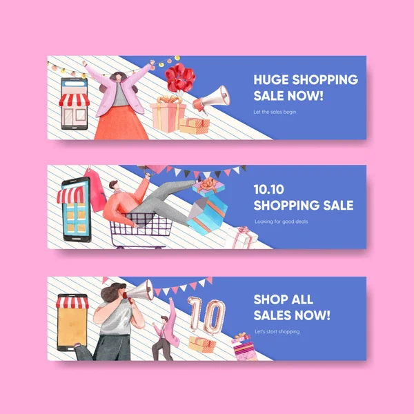 Banner Template Shopping Sale Concept Watercolor Styl — Stock Vector
