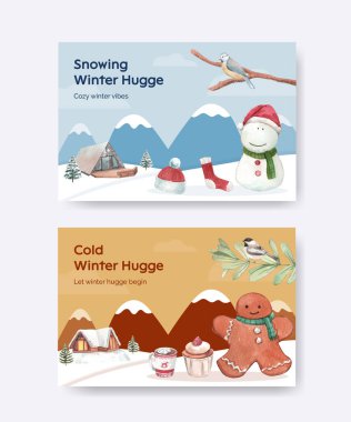 Kış kucaklaşması konsepti ile Facebook şablonu, suluboya tarzı 