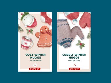 Kış kucaklaşması konseptiyle Instagram şablonu, suluboya tarzı 