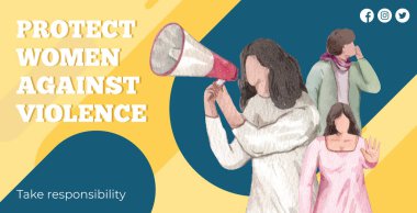 Kadınlara karşı şiddeti durduran reklam panosu şablonu, suluboya tarzı 