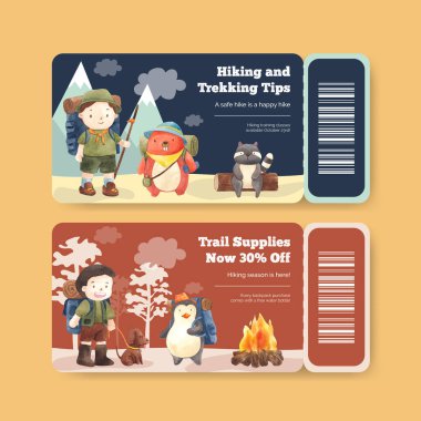 Yürüyüş konsepti olan bilet şablonu, suluboya biçimi 